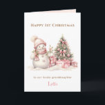 Pink Vintage Snowman Girl First Christmas Folded Card<br><div class="desc">Christmas folded card with an adorable vintage snowman in pink for baby and little girls. Snowy pink inside. Easily personalize the text - Kate Eden Art.</div>