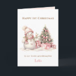Pink Vintage Snowman Girl First Christmas Folded Card<br><div class="desc">Christmas folded card with an adorable vintage snowman in pink for baby and little girls. Snowy pink inside. Easily personalize the text - Kate Eden Art.</div>