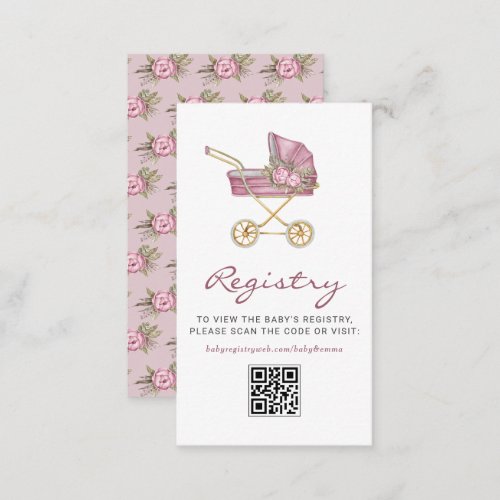 Pink Vintage Stroller Baby Shower URL Registry Enclosure Card