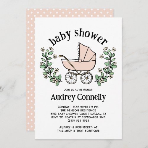 Pink Vintage Stroller Greenery Girl Baby Shower Invitation