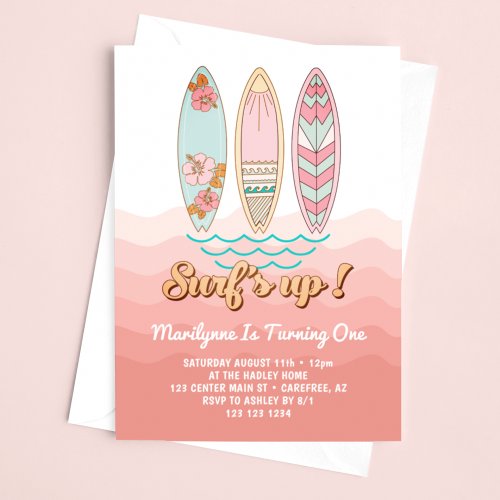 Pink Vintage Surfs Up 1st Birthday Invitation