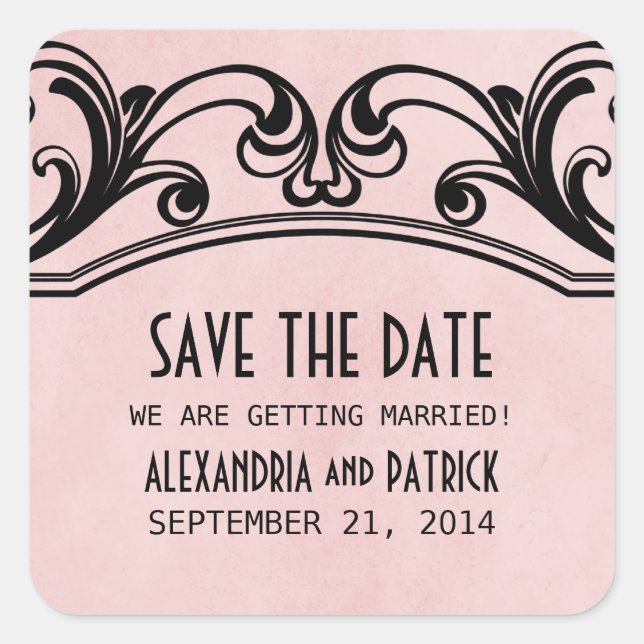 Pink Vintage Swirls Save the Date Stickers (Front)