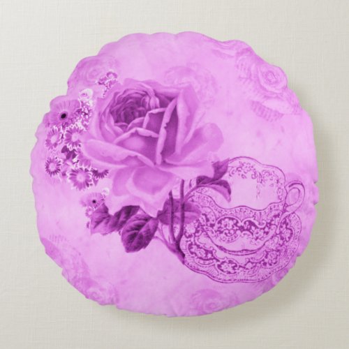 Pink Vintage Teacup  Flowers Round Pillow