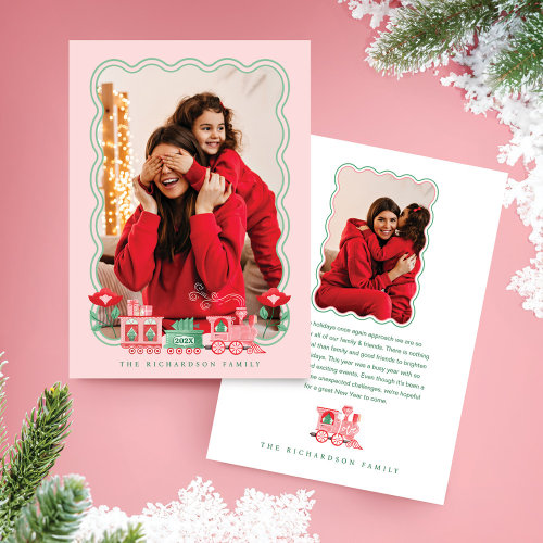 Pink Vintage Train Christmas Tree Delivery Photo Holiday Card
