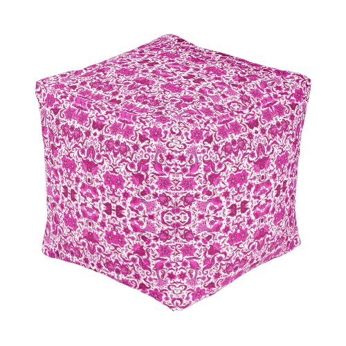 PINK VINTAGE TROPICAL FOLK ART PRINT CUBE POUF