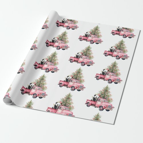 Pink Vintage Truck and Panda bear Wrapping Paper