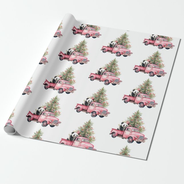 Pink Vintage Truck and Panda bear Wrapping Paper (Unrolled)