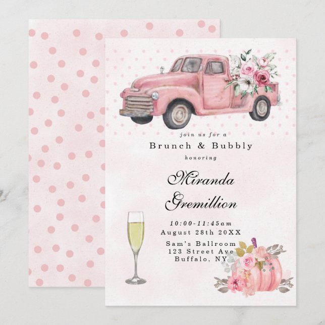 Pink vintage Truck Brunch and Bubbly  Invitation (Front/Back)