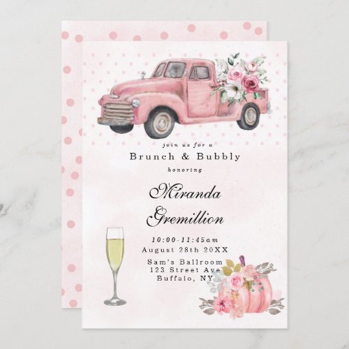 Pink vintage Truck Brunch and Bubbly  Invitation