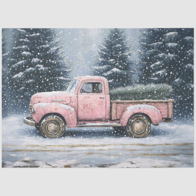 Pink Vintage Truck Christmas Tree Decoupage Tissue Paper (Front)