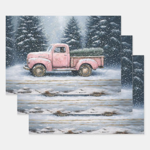 Pink Vintage Truck Christmas Tree Decoupage Wrapping Paper Sheets