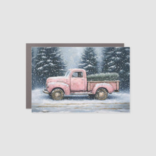 Pink Vintage Truck Hauling a Christmas Tree Car Magnet