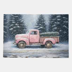 Pink Vintage Truck Hauling a Christmas Tree Doormat