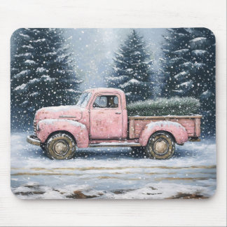Pink Vintage Truck Hauling a Christmas Tree Mouse Pad