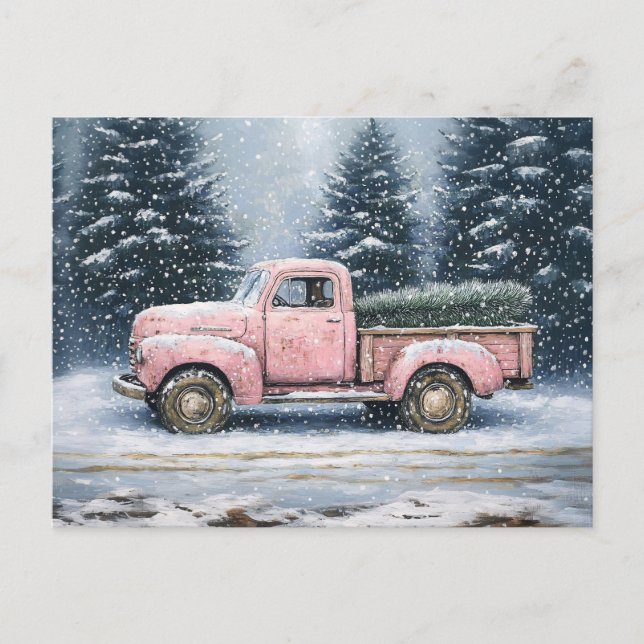 Pink Vintage Truck Hauling a Christmas Tree Postcard (Front)