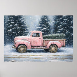 Pink Vintage Truck Hauling a Christmas Tree Poster