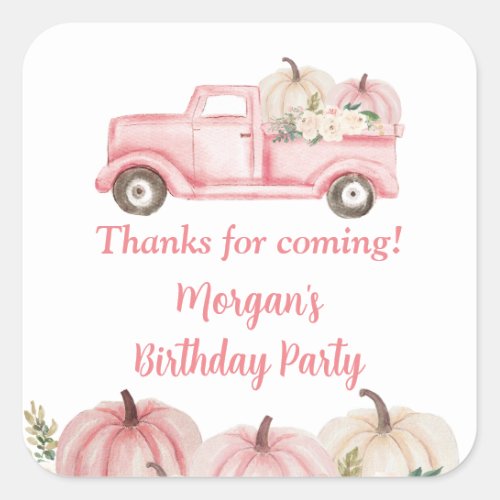 Pink Vintage Truck Pumpkin Birthday Party Favor Square Sticker