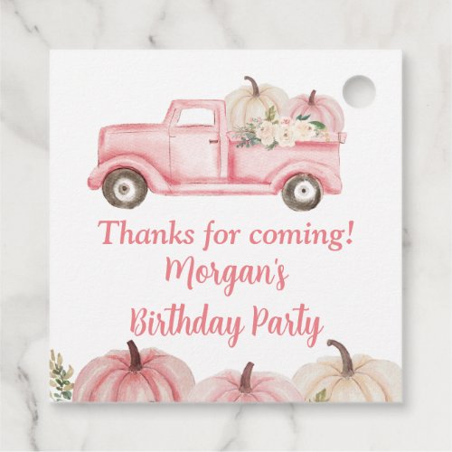 Pink Vintage Truck Pumpkin Birthday Party Favor Tags