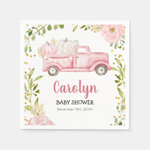 Pink Vintage Truck Pumpkin Cocktail Paper Napkins