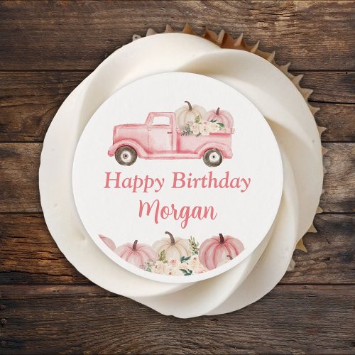 Pink Vintage Truck Pumpkin Girl Birthday Party Edible Frosting Rounds