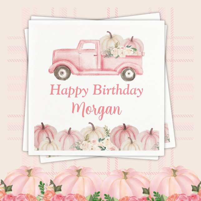 Pink Vintage Truck Pumpkin Girl Birthday Party Napkins (Creator Uploaded)
