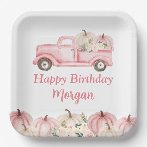 Pink Vintage Truck Pumpkin Girl Birthday Party Paper Plates
