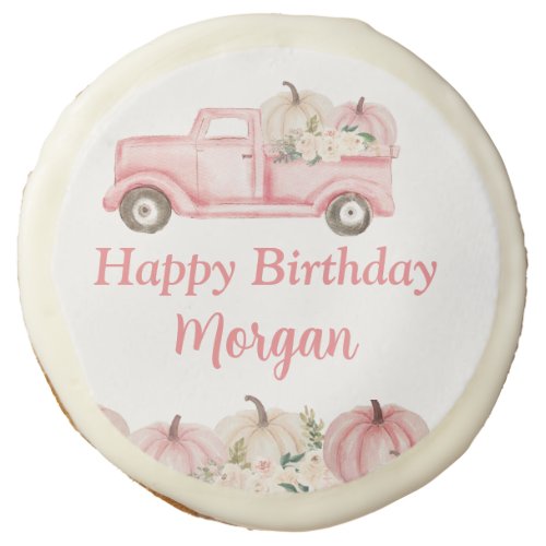 Pink Vintage Truck Pumpkin Girl Birthday Party Sugar Cookie