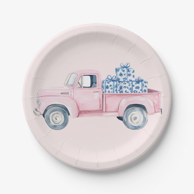 Pink Vintage Truck with Presents Paper Plates (Front)