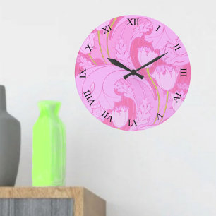 Pink Vintage Tulip Floral Large Clock