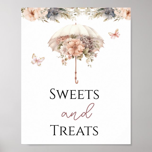 Pink Vintage Umbrella Sweets and Treats Party Sign (Front)