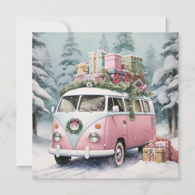 Pink Vintage Vanagon Ornament Holiday Card (Front)