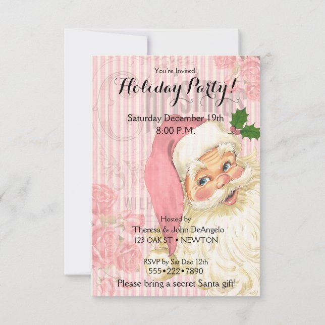 Pink Vintage Victorian Santa Claus Roses Invitation (Front)