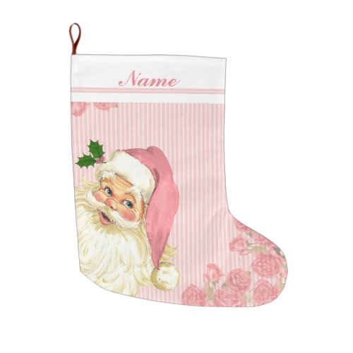 Pink Vintage Victorian Santa Claus Roses Large Christmas Stocking