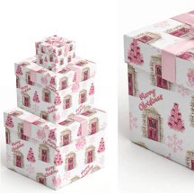 Pink Vintage Village Merry Christmas Wrapping Pape