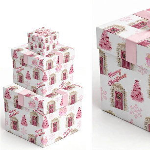 Pink Vintage Village Merry Christmas Wrapping Pape Paper