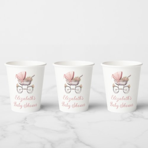 Pink Vintage Watercolor Baby Carriage Baby Shower Paper Cups