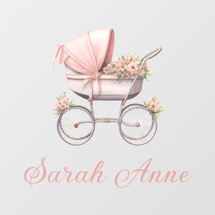 Pink Vintage Watercolor Baby Carriage Personalized Wall Decal