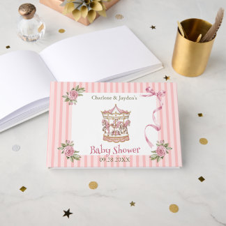 Pink Vintage Watercolor Horse Carousel Baby Shower Guest Book