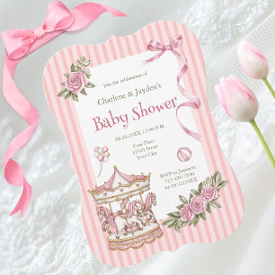 Pink Vintage Watercolor Horse Carousel Baby Shower Invitation