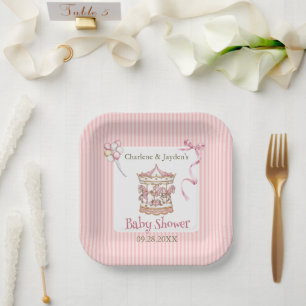 Pink Vintage Watercolor Horse Carousel Baby Shower Paper Plates