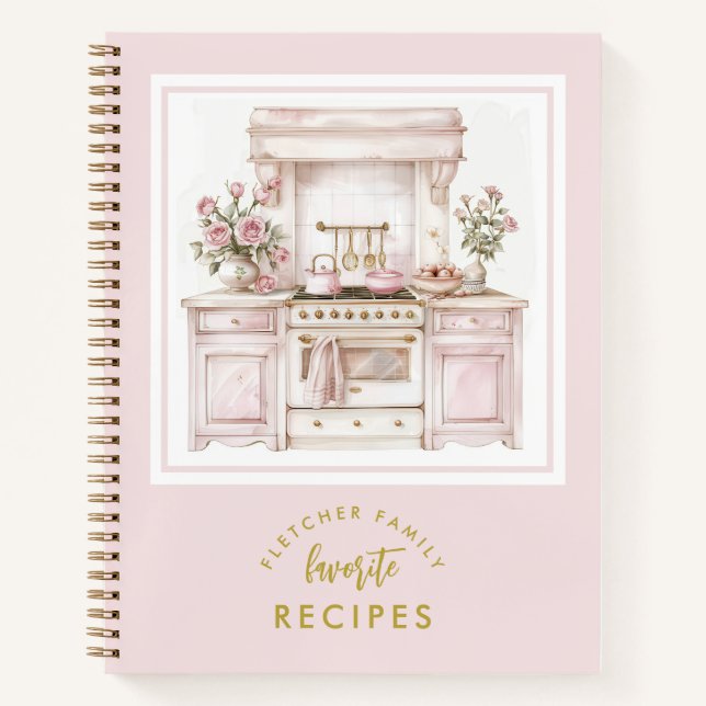 Pink Vintage Watercolor Kitchen Family Recipe Notebook (Front)
