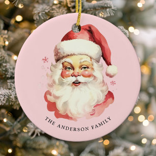 Pink Vintage Watercolor Santa Claus Christmas Ceramic Ornament
