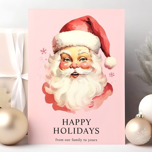 Pink Vintage Watercolor Santa Claus Christmas Holiday Card