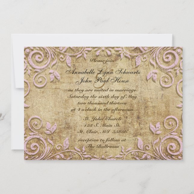 Pink Vintage Wedding Invitation (Front)
