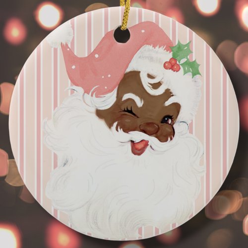 Pink Vintage Winking Black Santa Christmas Tree Ceramic Ornament