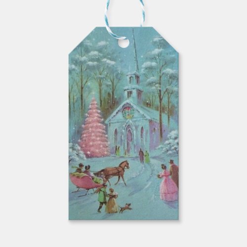 Pink Vintage Winter Christmas Church Gift Tags