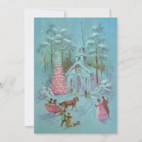 Pink Vintage Winter Christmas Church Holiday Card