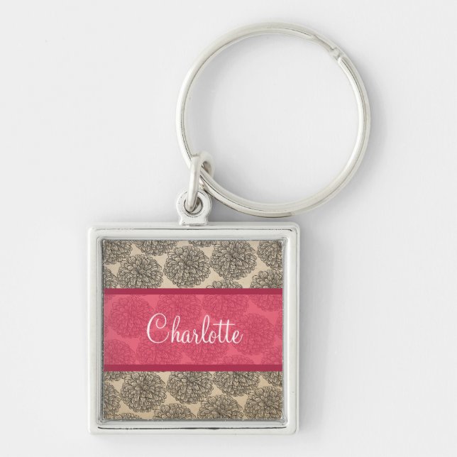 Pink Vintage Zinnia Premium Keychain (Front)