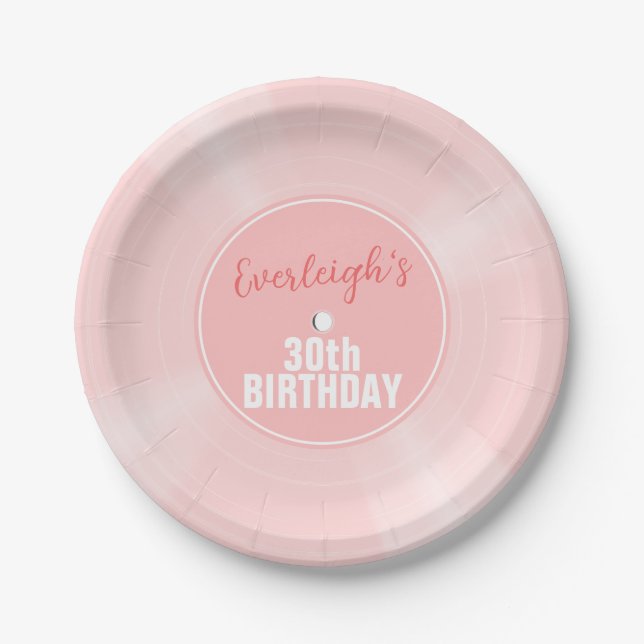Pink Vinyl Record Music Personalized Birthday Paper Plates (Front)