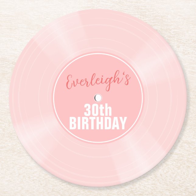 Pink Vinyl Record Music Personalized Birthday Round Paper Coaster (Front)